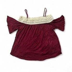 Burgundy Off-Shoulder Blouse with Cream Lace